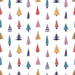 Obraz premium Colorful fir trees hand drawn vector seamless pattern