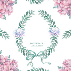 Invitation. Wedding or birthday card. Floral leaf green frame with bow. Watercolor background with pink flowers and green leaves. Boho style. Beauty isolated bouqet circle frame background