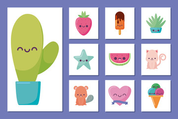 Kawaii cactus and icon set cartoons vector design