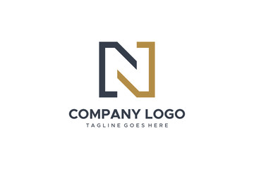 Letter N Logo Black Gold Square Line. Flat Vector Logo Design Template Element
