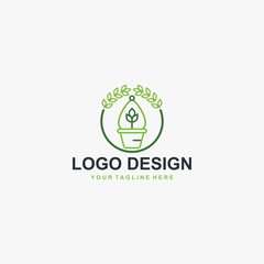 Plant pot logo design. Gardening illustration sign. Outline leaves and pot vector icons.