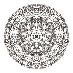 Ornamental round doily pattern with floral elements for coloring book for adult, shirt design or tattoo. Black and white zentangle mandala.
