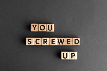 you screwed up phrase words from wooden blocks with letters, you screwed up concept, top view gray...