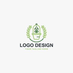 Plant pot logo design. Gardening illustration sign. Outline leaves and pot vector icons.