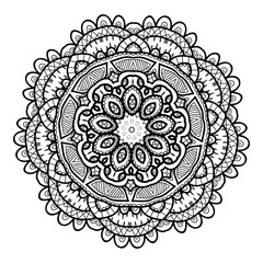 Ornamental round doily pattern with floral elements for coloring book for adult, shirt design or tattoo. Black and white zentangle mandala.