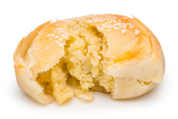 Chinese moon cake or Spring rolls stuffed with soy, topped with sesame on white background with clipping path.