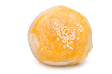 Chinese moon cake or Spring rolls stuffed with soy, topped with sesame on white background with clipping path.