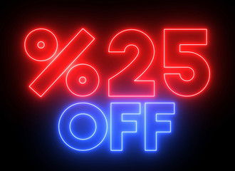 Neon shiny glowing "%25 OFF" text. Animation for promotions, sales and discounts.