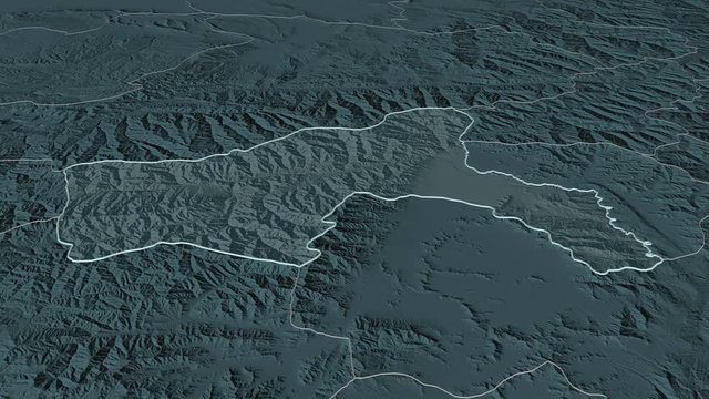 Parwan, province with its capital, zoomed and extruded on the administrative map of Afghanistan in the conformal Stereographic projection. Animation 3D