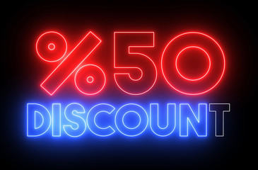 Neon shiny glowing "%50 DISCOUNT" text. Animation for promotions, sales and discounts.