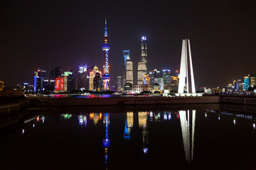 Obraz premium Panoramic picture of skyscrapers of Pudong district from the Bund in Shanghai at night in winter