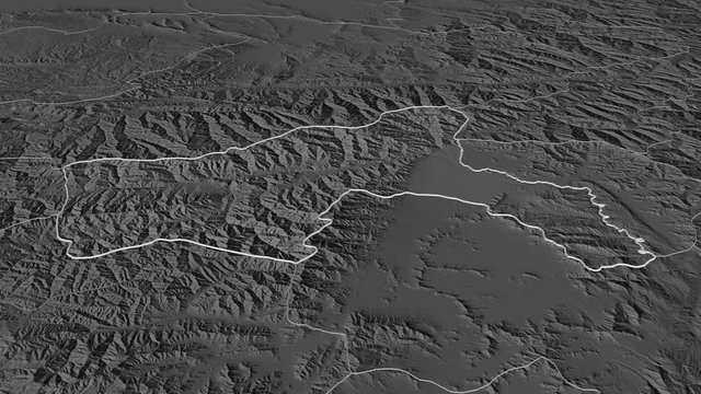 Parwan, province with its capital, zoomed and extruded on the bilevel map of Afghanistan in the conformal Stereographic projection. Animation 3D