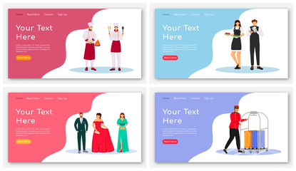 Hotel restaurant landing page vectors templates. Food ordering website interface idea with flat illustrations. Catering service homepage layout. Event organization web banner, webpage cartoon concept