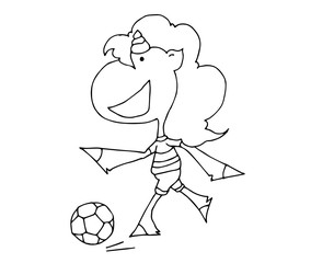 Coloring book for kids - unicorn in shorts a football player runs after the ball. Black and white cute cartoon unicorns. Vector illustration.