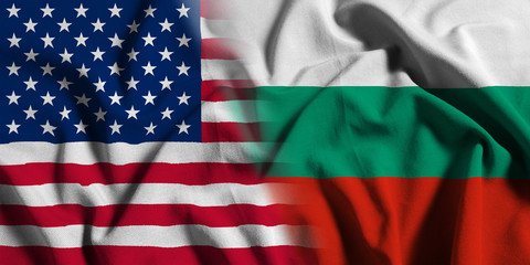 National flag of the United States with Bulgaria on a waving cotton texture background
