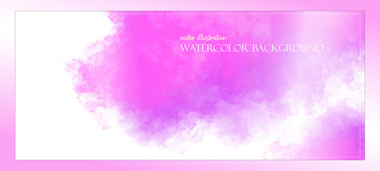 Watercolor template banner. Pink paint splash. Delicate and subtle sun rays. Vector illustration. Ethereal colors. Free copy space. Colorful, textured background. Magenta clouds.