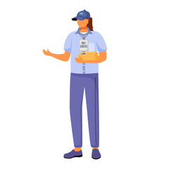 Post office female worker flat color vector illustration. Woman distributes parcels. Post service delivery. Woman in american postal uniform isolated cartoon character on white background