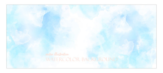 Blue Watercolor sky. Banner with free space for your graphics, subtitles. Cyan colors illuminated by the rays of the bright sun. Vector illustration Delicate and subtle, ethereal. Realistic clouds.