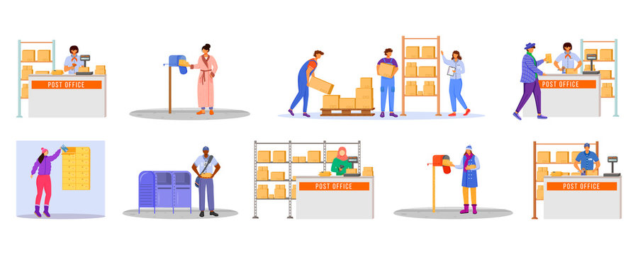 Post office male workers and loaders flat color vector illustration set. Woman receives letter. Post service delivery. Boxes and parcels transportation isolated cartoon character on white background