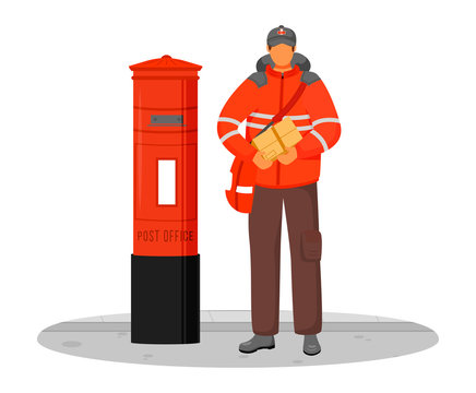 Post office male worker flat color vector illustration. Royal mail employee. Traditional British post service. Delivery man with package isolated cartoon character on white background