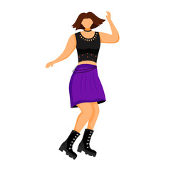 Dancing punk girl flat color vector illustration. Female character on dance floor in nightclub. Young woman at rock concert, festival. Fangirl at gig. Isolated cartoon character on white background