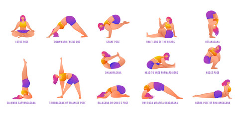 Obraz premium Yoga poses flat vector illustrations set. Caucausian women doing yoga asanas in orange and purple sportswear. Female figures doing physical exercises. Workout, fitness. Isolated cartoon character