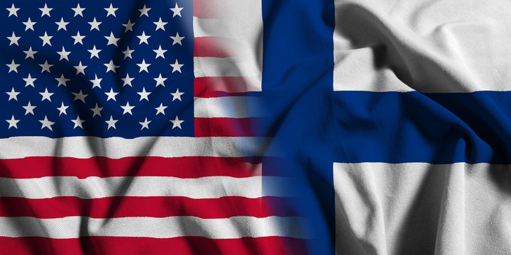 National flag of the United States with Finland on a waving cotton texture background