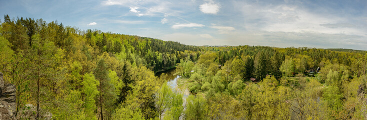 Fototapeta na wymiar panorama view from rocks over river bends of mze