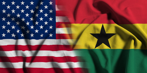 National flag of the United States with Ghana on a waving cotton texture background