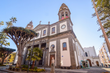 Cathedral of San Cristobal De La Laguna Neogotico in its Main and Neoclassical Corps in the Remedios Square. April 13, 2019. Santiago Port, Santa Cruz De Tenerife Spain Africa. Travel Tourism Street