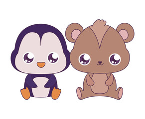Kawaii bear and penguin cartoons vector design