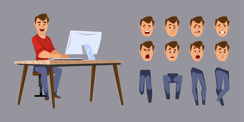 young office worker character for animation or motion with different facial emotions and hands.