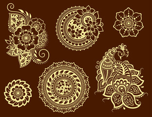 Big set of Mehndi flower pattern, peacock and mandala for Henna drawing and tattoo. Decoration in ethnic oriental, Indian style. Doodle ornament. Outline hand draw vector illustration.
