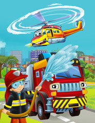 Obraz na płótnie Canvas cartoon scene with fireman vehicle on the road - illustration for children