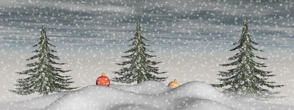 very nice view of Christmas trees and balls - 3d rendering