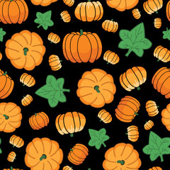 Seamless pumpkins and leaves on black background