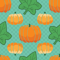 Seamless pattern of pumpkins and leaves on green polka dots