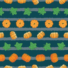 Seamless pumpkin pattern on green stripes