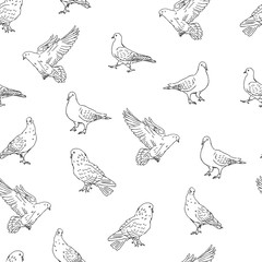 city street pigeons black lines silhouettes on white background seamless pattern,  urban doves birds, editable vector illustration for fabric, textile, decoration, paper