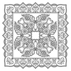 Circular pattern in form of mandala with flower for Henna, Mehndi, tattoo, decoration. Decorative ornament in ethnic oriental style. Outline doodle hand draw vector illustration.