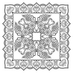 Circular pattern in form of mandala with flower for Henna, Mehndi, tattoo, decoration. Decorative ornament in ethnic oriental style. Outline doodle hand draw vector illustration.