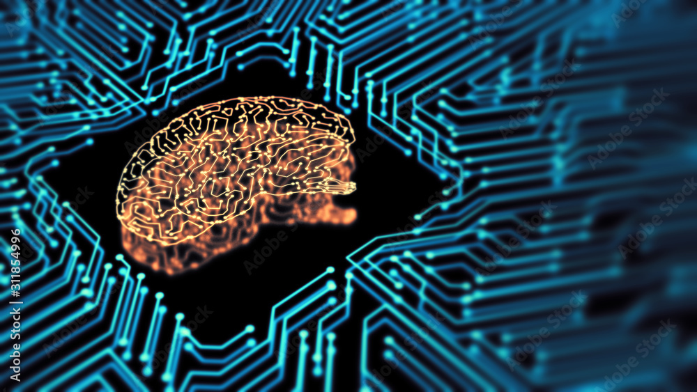 Poster 3d rendering of artificial intelligence hardware concept. glowing blue brain circuit on microchip on