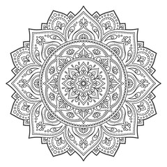 Circular pattern in form of mandala with flower for Henna, Mehndi, tattoo, decoration. Decorative ornament in ethnic oriental style. Outline doodle hand draw vector illustration.