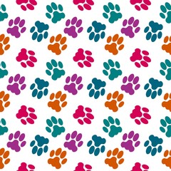 Colorful animal footprint ornament border isolated on white background. Vector illustration for animal design. Random foot prints border.