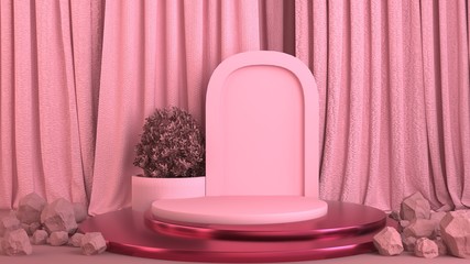 3d render of party design composition. Abstact 3d geometric shapes backdrop for holiday concept. 3d pink background with arch, plants, curtains.