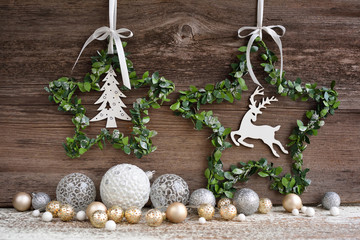 Christmas stars and christmas decorations on a wooden background. Christmas or New Year greeting card.