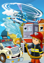 cartoon stage with fireman fire fighting near some building smoking - illustration for children