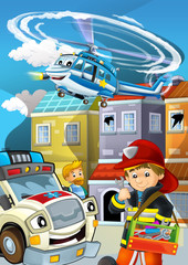 Naklejka premium cartoon stage with fireman fire fighting near some building smoking - illustration for children
