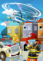 cartoon stage with fireman fire fighting near some building smoking - illustration for children