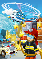 Obraz na płótnie Canvas cartoon scene with fireman working near some ambulance and building is burning illustration for children